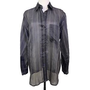 Ellen Tracy Navy Sheer Striped Button Down Blouse Women’s 8 Evening Party Top
